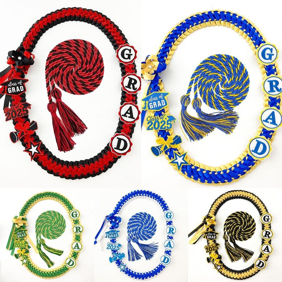 Graduation Leis Class of 2026 Grad Ribbon Double Braided Necklace with Graduation Cap 2026 GRAD Patches Handmade Leis Grad Gifts for Graduates Senior College Students Daughter Couples for Graduation Ceremony Party Celebration with Honor Rope Set