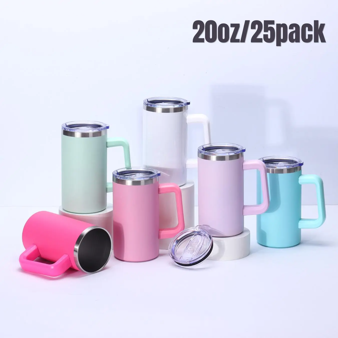 Crafix 25pcs Candy Colored Sublimation Blank 20oz Stainless Steel Reusable Tumbler Mug with Plastic Handle, Lid, Straw, Customizable Personalizable Straw Tumbler Mug, Ideal for Xmas Gifts, Outdoor Use,summerwins304 Stainless Steel Tumbler