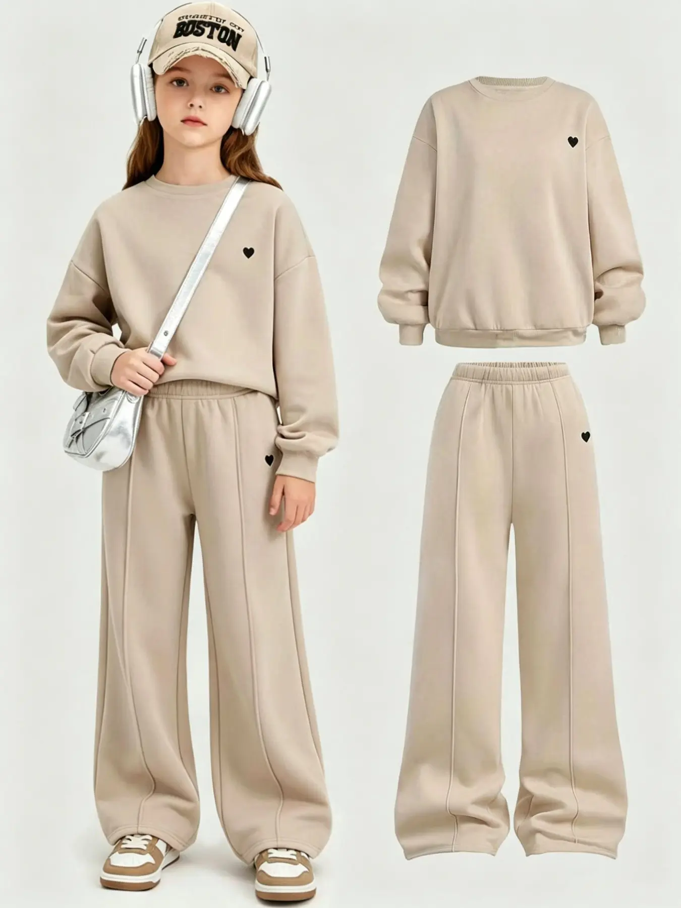 Girls' Letter Print Casual Outfit Set, Simple Solid Color Heart Design, Soft Skin-Friendly Round Neck Sweatshirt, High Waist Straight Leg Pants Set