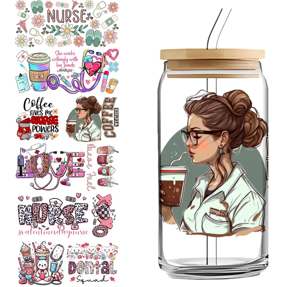 6 Sheets Nurse and Medical Design UV DTF Stickers, Waterproof DIY Stickers for Glass Cups, Coffee Mugs, Phone Cases, Laptop, Water Bottles