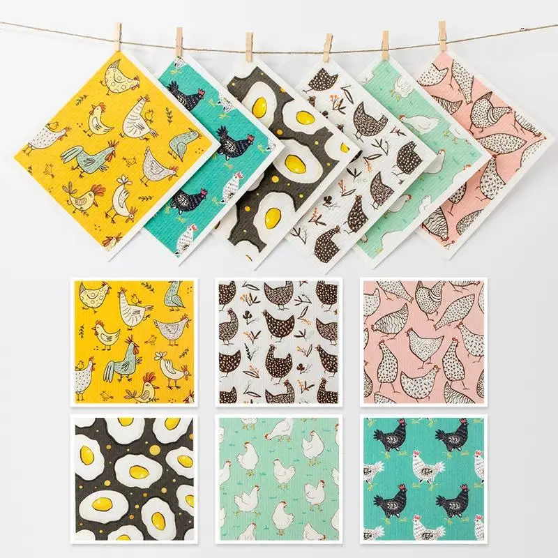 Thick Swedish Cloth Kitchen Dish Towel, Non-Woven Wood Pulp Cotton Cleaning Cloth, Floral Bird Series, Camping Print Dishcloth, Durable Cleaning Supplies, Kitchen Cleaning Cloths, Dish Towels Rags