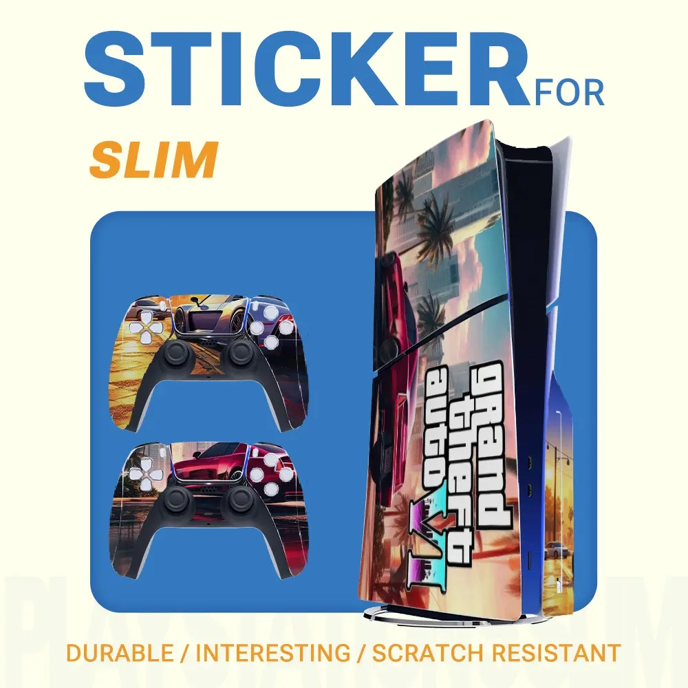 Ps5 Slim Vinyl Sticker, Urban Sports Car Coconut Tree Sunset Art Full Coverage, Waterproof Removable Game Console Decor, Controller Protection, PVC Waterproof Stickers