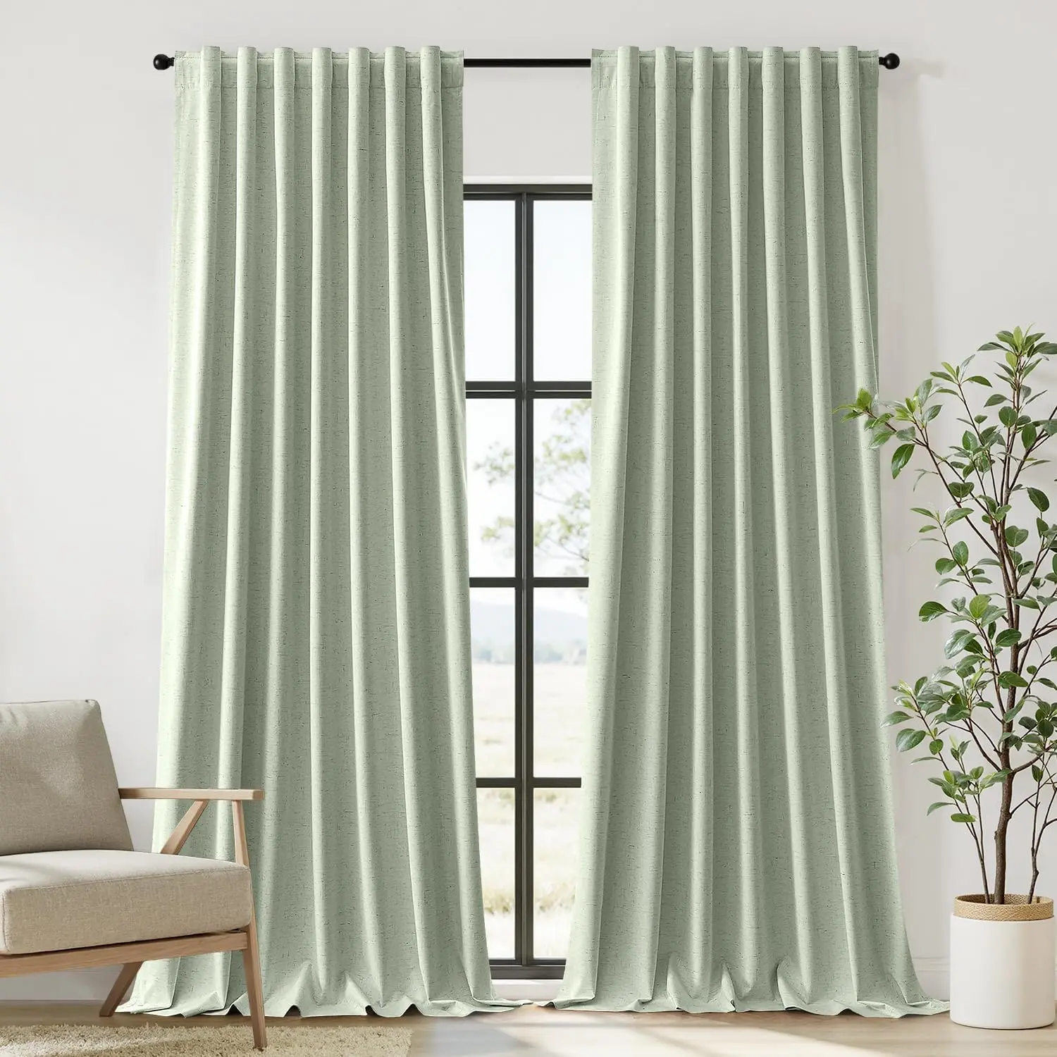 Sage Green 100% Blackout Curtains, 120 Inch Length, 2 Panels, Back Tab/Rod Blackout Curtains, Full Black Out Thermal for Summer Heat, Farmhouse Room Darkening Bedroom