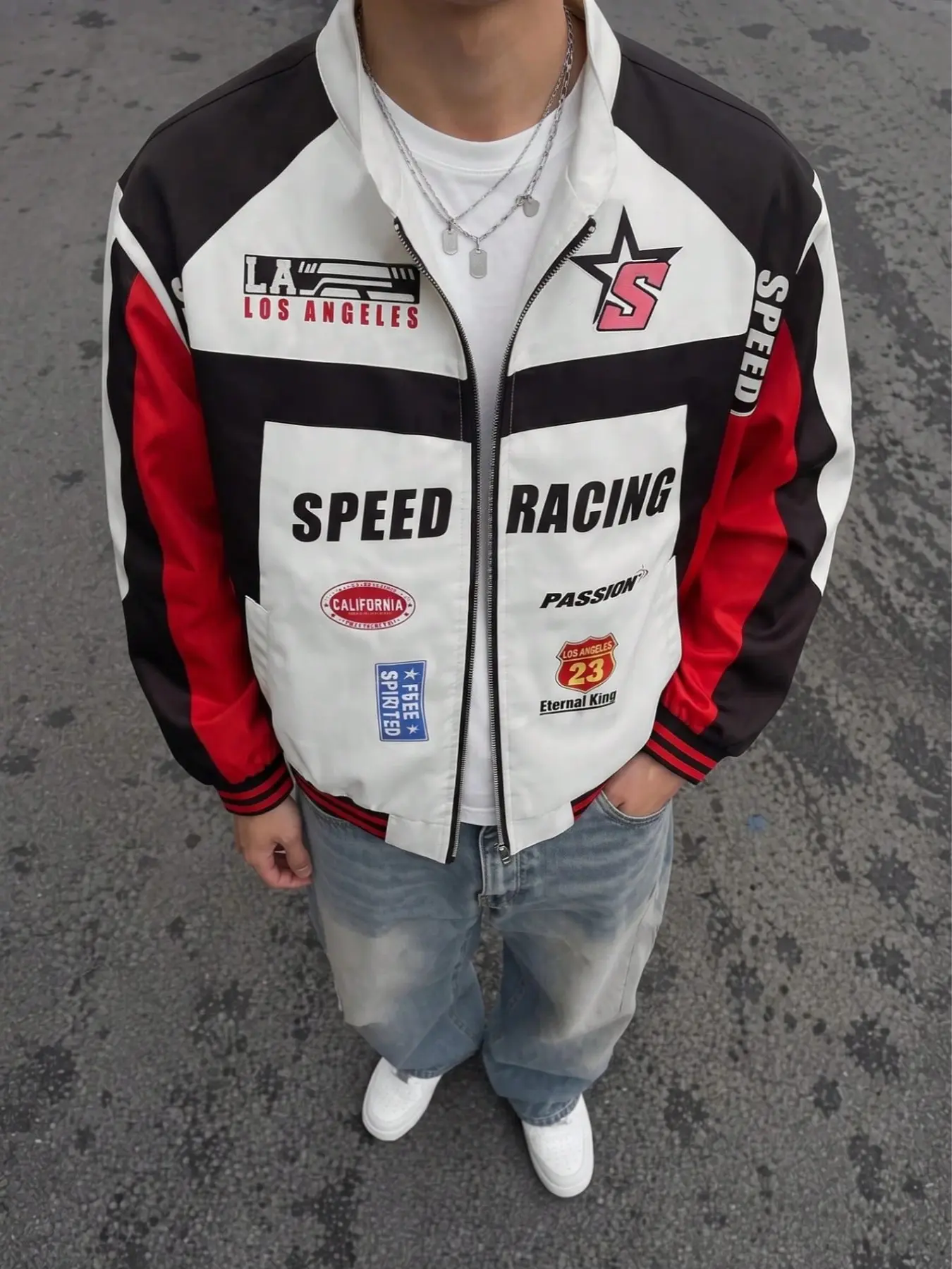 Unisex Street Style Color Block Jacket, Cool Racing-Inspired Design with Letter Print, Perfect for Couples Casual Wear