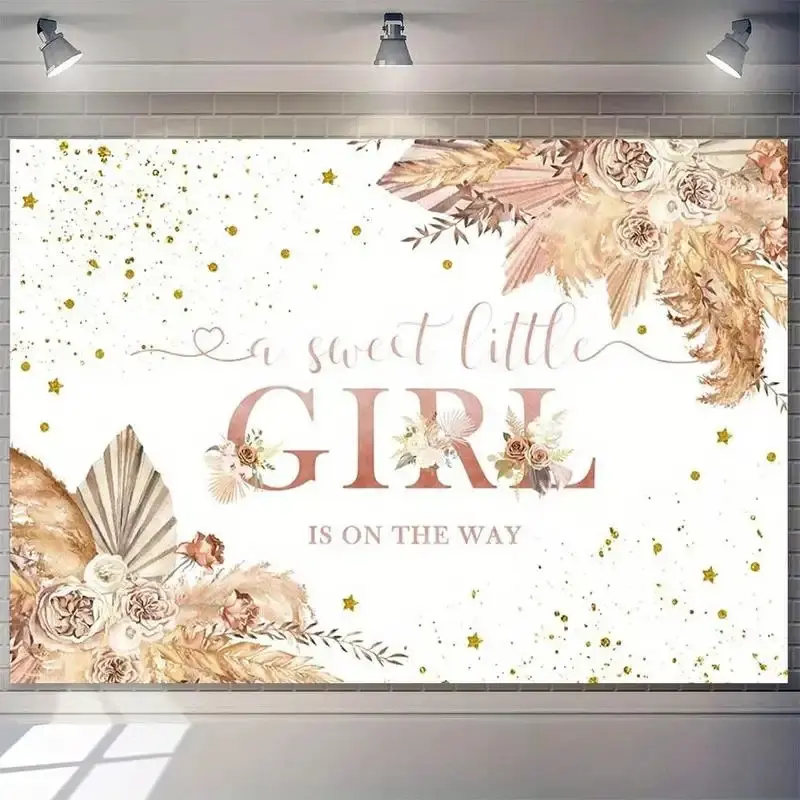 1pc Boho Backdrop "A Sweet Little Girl is on the Way" - Bohemian Pampas Grass & Floral with Golden Glitter Accents, 230.0x180.01 cm, Durable Fabric for Weddings, Br Banners Flower