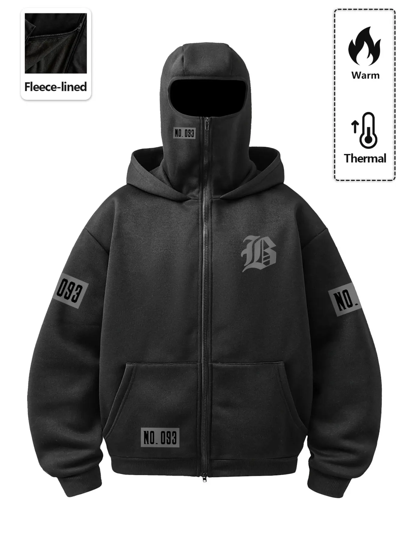 Men's Fleece-Lined Hooded Sweatshirt, Dark Street Ninja Mask Hoodie, Warm Long Sleeve Printed Sports Pullover, Fall & Winter Casual Wear