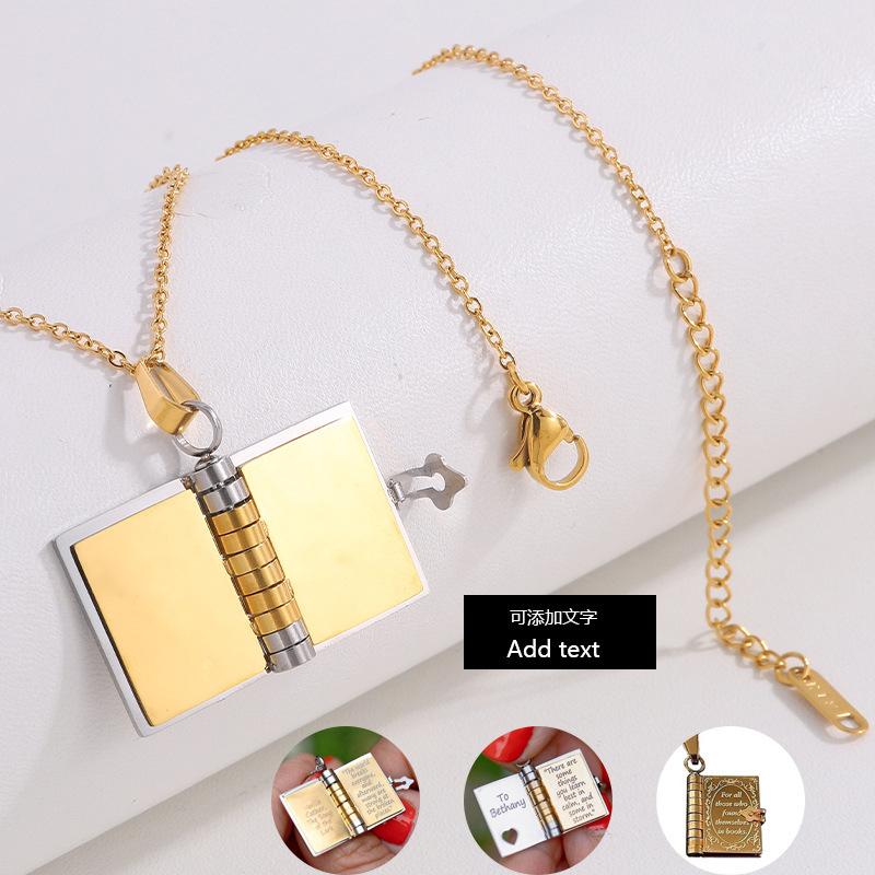 Mothers Day Gift Titanium Steel Necklace for Women, Openable Book Locket Love Letter Pendant Personality Temperament Clavicle Chain