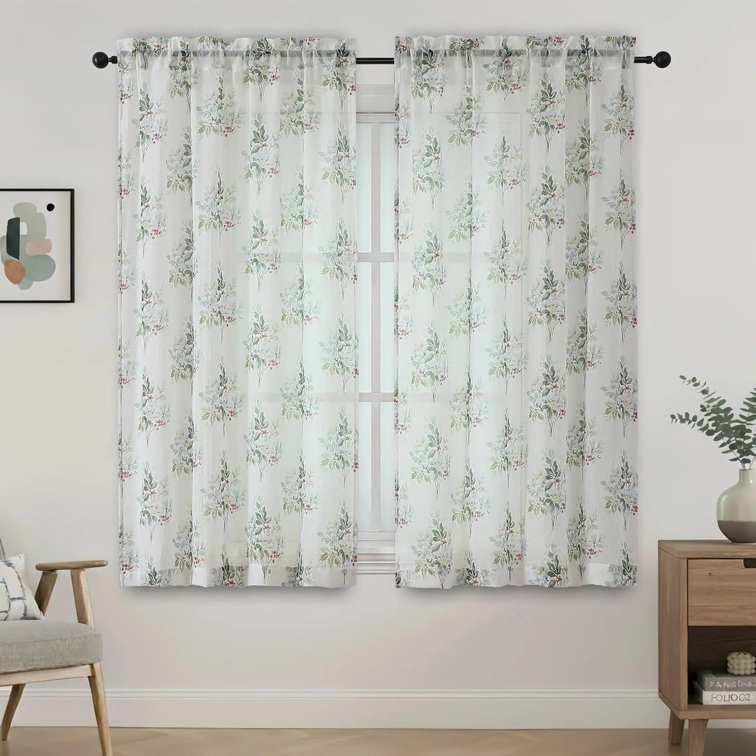 Crushed Sheer Curtains 63 Inch Length 2 Panels, Light Filtering Printed Sheer Leaf Patterned Curtains for Bedroom Living Room,  Rod Pocket Window Drapes, 2x42Wx63L Inches