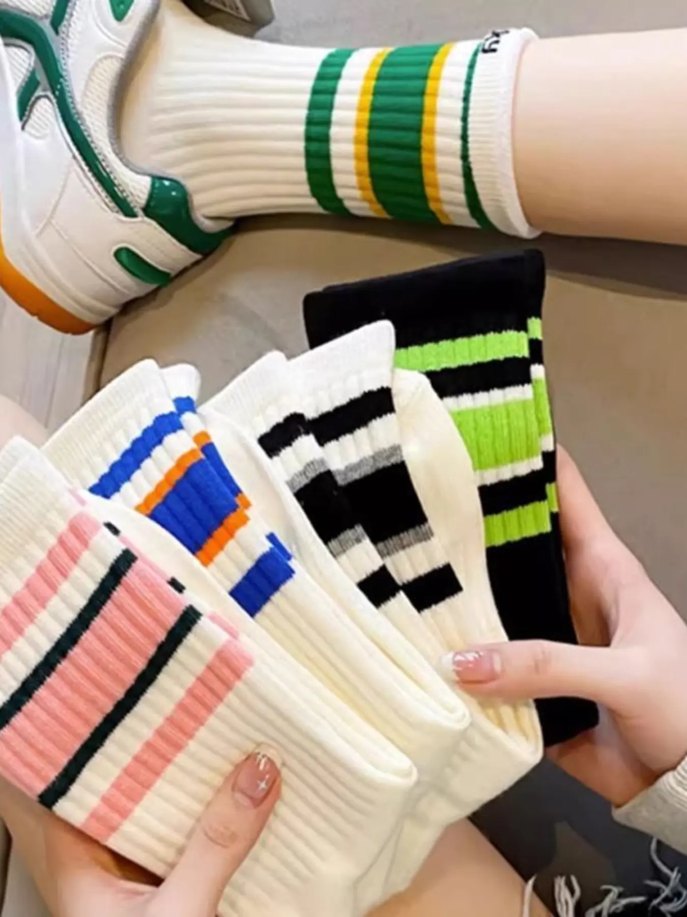 Women's Breathable Striped Casual Socks, 5 Pairs Mid-Calf Street Style, Perfect for Daily Comfort and Fashion, All-Season Wear, Breathable Knit Socks