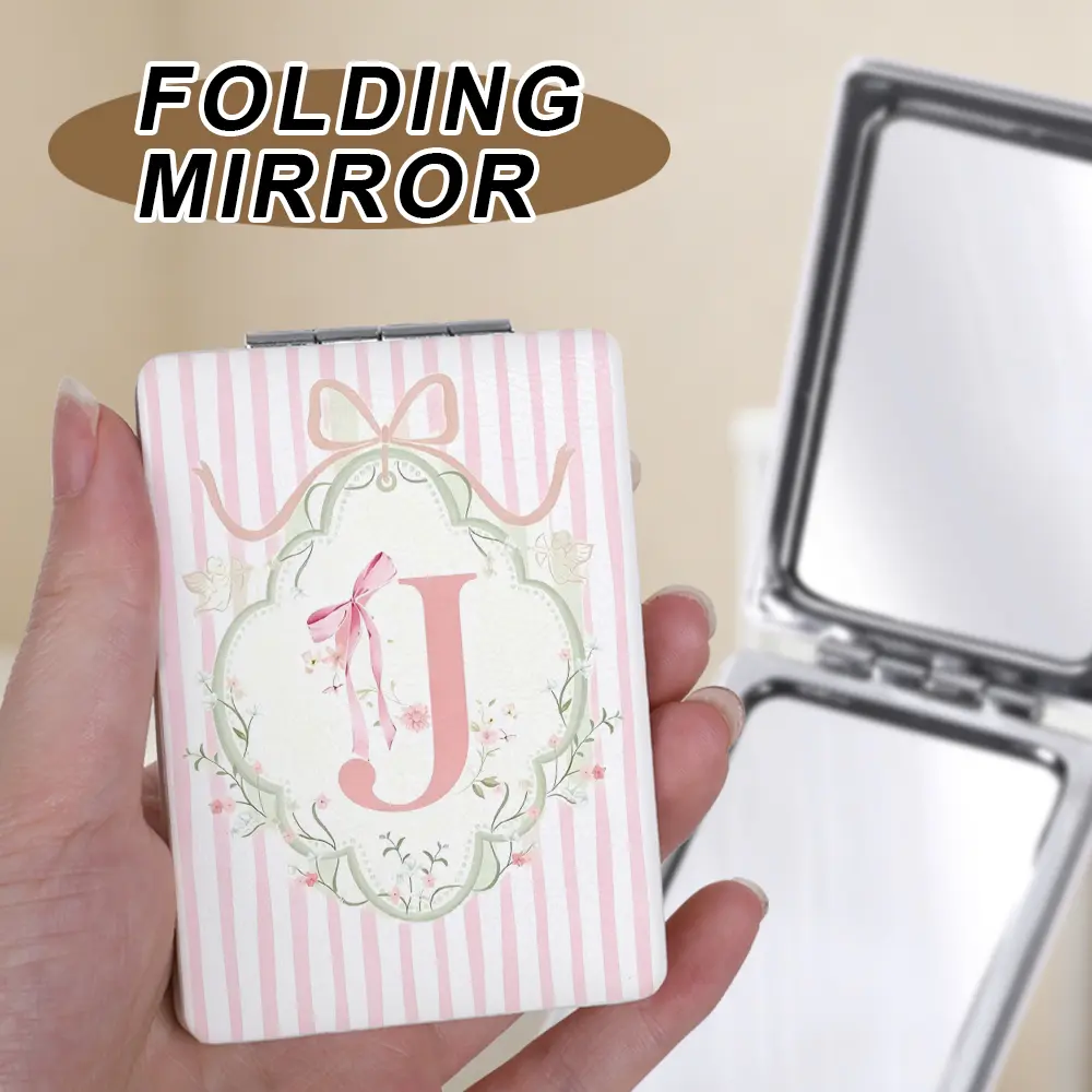 1pc Pink Striped Initial Compact Mirror for Purse, Vintage Coquette Bow Monogram Pocket Vanity Mirror with 1X/2X Magnification, PU Leather Portable A-Z Monogram Travel Makeup Mirror, Personal Gifts for Women Girls, Portable Mirrors, Travel Hand Mirrors
