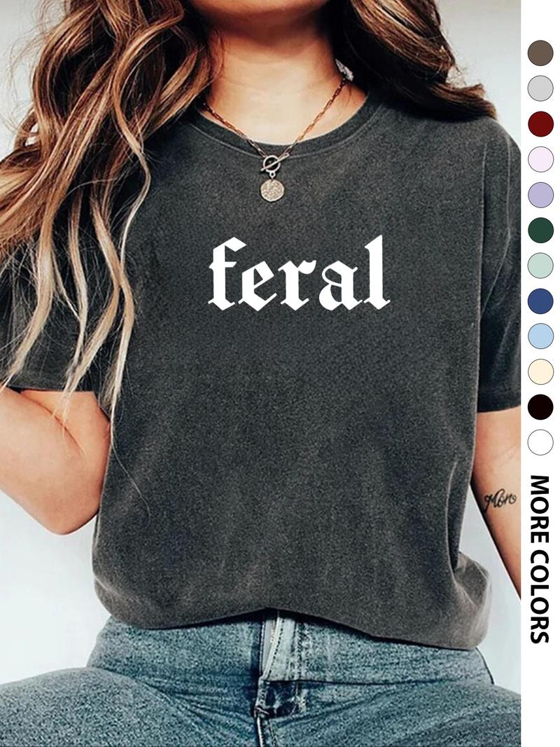 Women's "FERAL" Slogan Print Round Neck Tee, Fashion Casual Crew Neck Drop Shoulder T-Shirt for Daily Holiday Vacation Outdoor Wear, Ladies Clothes for All Seasons