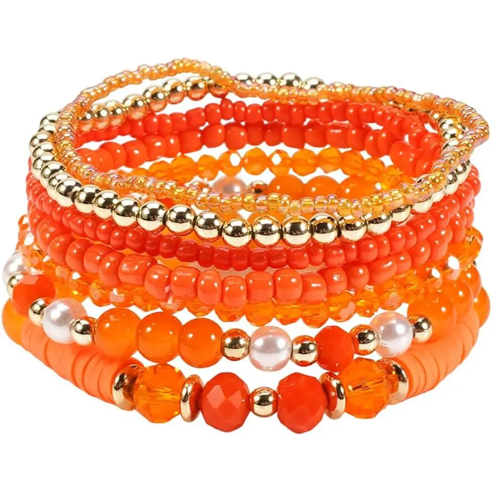 Unisex 7Pcs Multilayer Stackable Crystal Beaded Bracelet Set - Multicolored Heishi Clay, Gold, Vinyl Beads Stretch Bracelets for Summer Beach Boho Vacation Fashion Jewelry Gifts