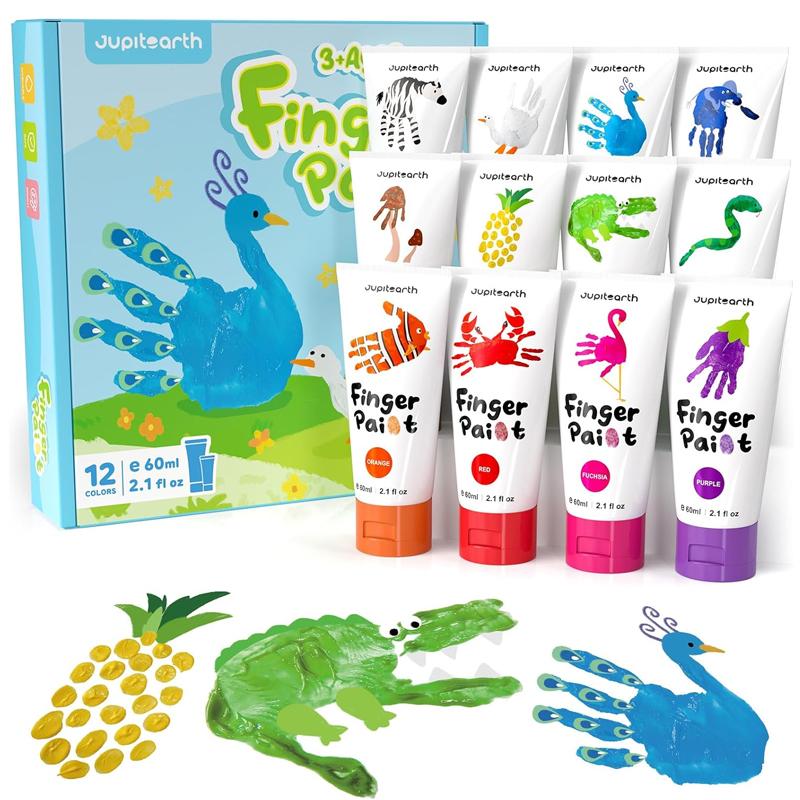 27 PCS Finger Paint, Washable Paint for Todllers 1-3, Non-Toxic 12 Vibrant Colors (2.1fl oz/60ml )(1.22fl oz/36ml ) , Palette, Apron, Brush, Eye Stickers, Baby Safe Paints for Hand and Feet, Safe Preschool for Kids Gift/Art/School Supplies, back to school