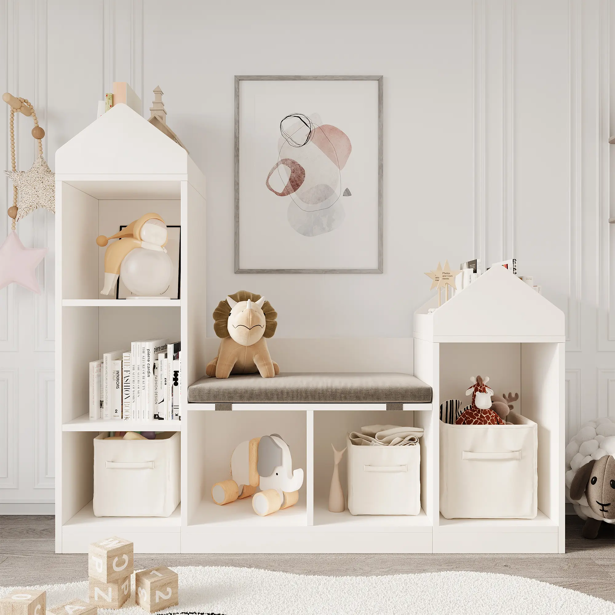 Wooden Kids Bookshelf and Reading Nook with Cushioned Seat, 6 Cubby Storage Bench and 3 Tier Toy Organizer, 7 Rolling Drawers, Space Saving Furniture for Playroom Nursery Bedroom