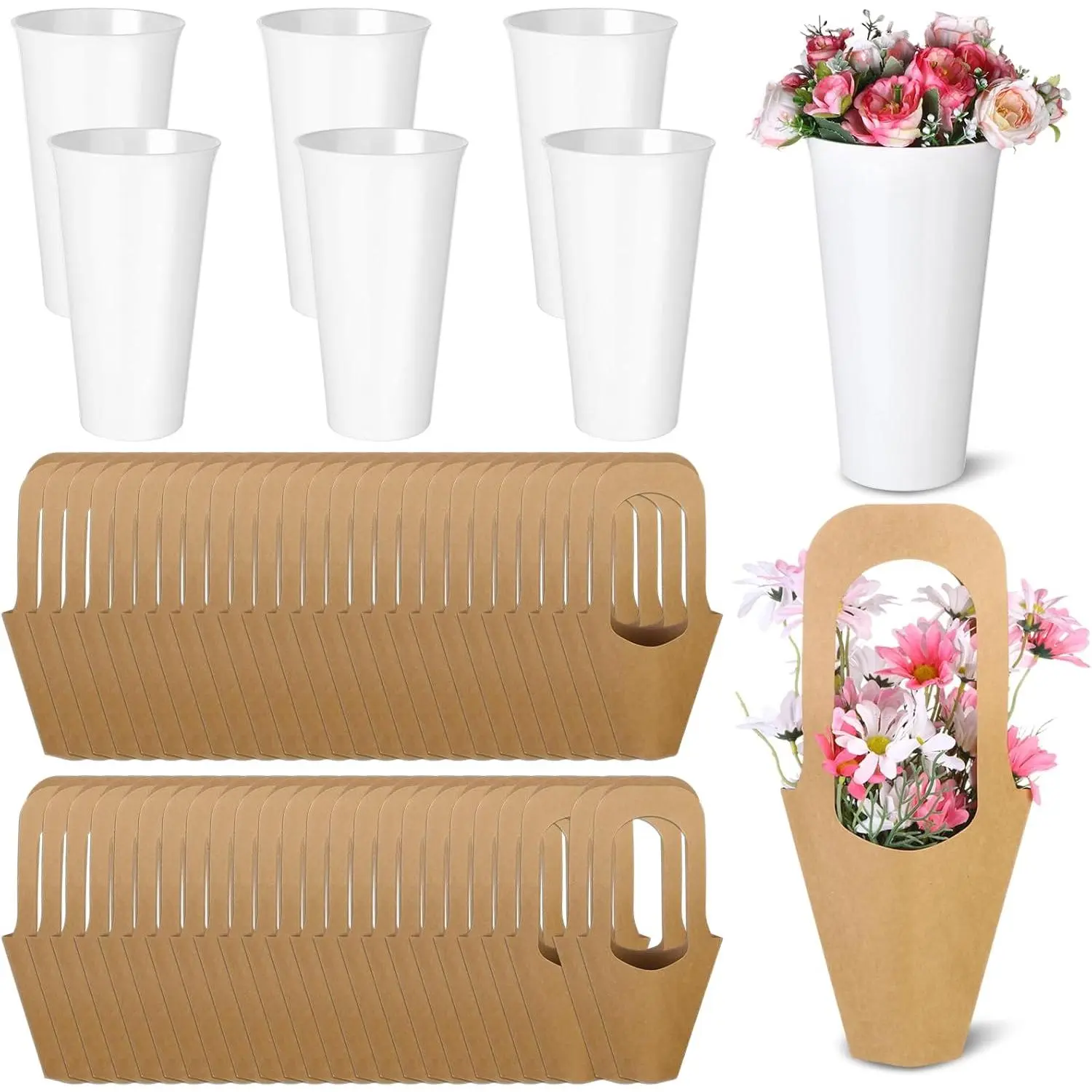 56 Pcs Flower Bar Buckets Set 6 Flower Buckets 50 Kraft Paper Flowers Gift Bags 9.84 Inch Plastic Flowers Vases Floral Display Decorative Bucket Flower Bucket for Home Garden Wedding Florist Shop