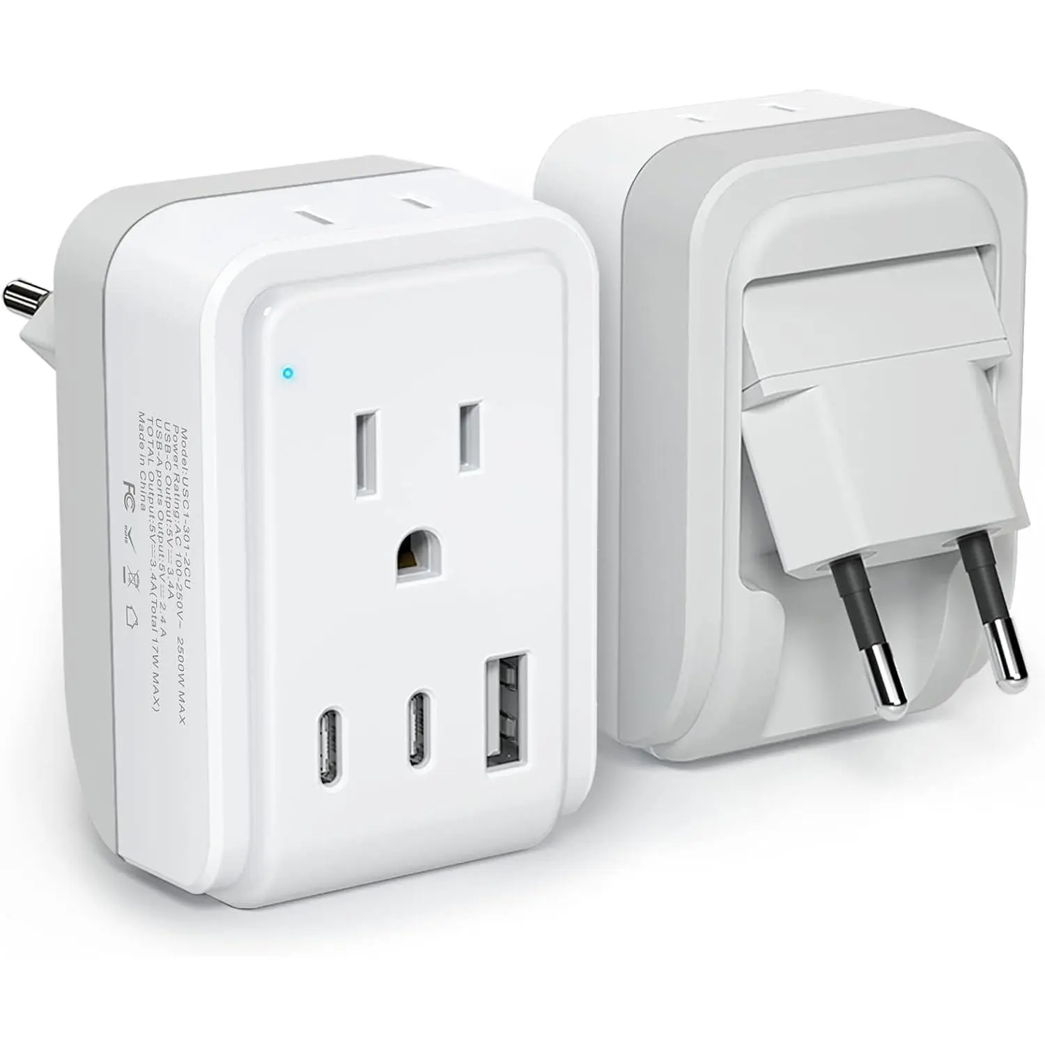 1 Pack European Travel Plug Adapter,  Foldable International Power Plug with 2 AC Outlets 3 USB Ports(2 USB C), Type C Travel Essentials Charger for  to  of  EU  Spain France