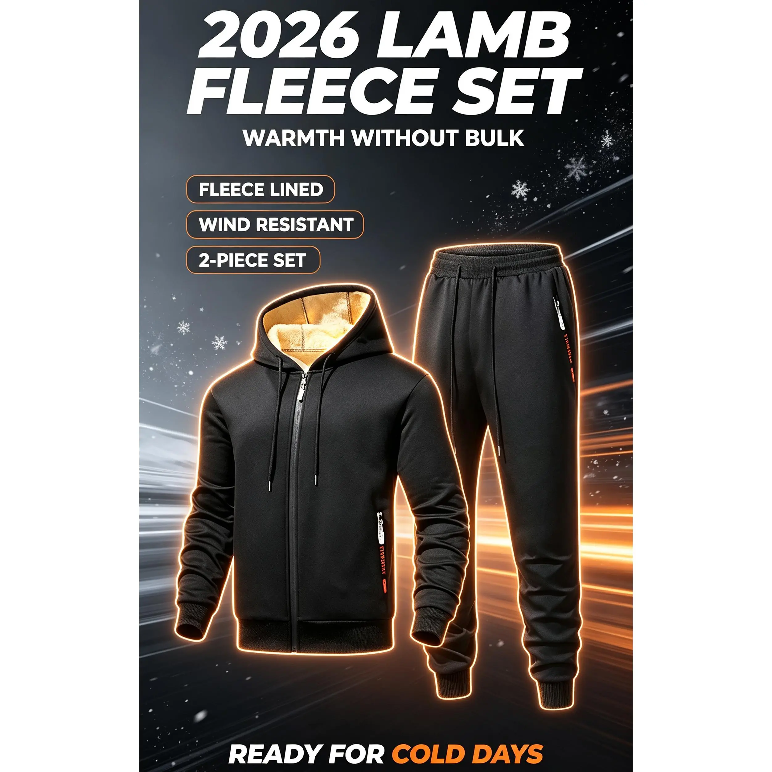 2026 fleece-lined hooded zip-up two-piece sweat suit with thick lamb fleece interior, warm casual sportswear set for cold autumn and winter days. Plush full lamb wool lining locks body heat thoroughly without bulky layers, delivering ultra-cozy soft touch