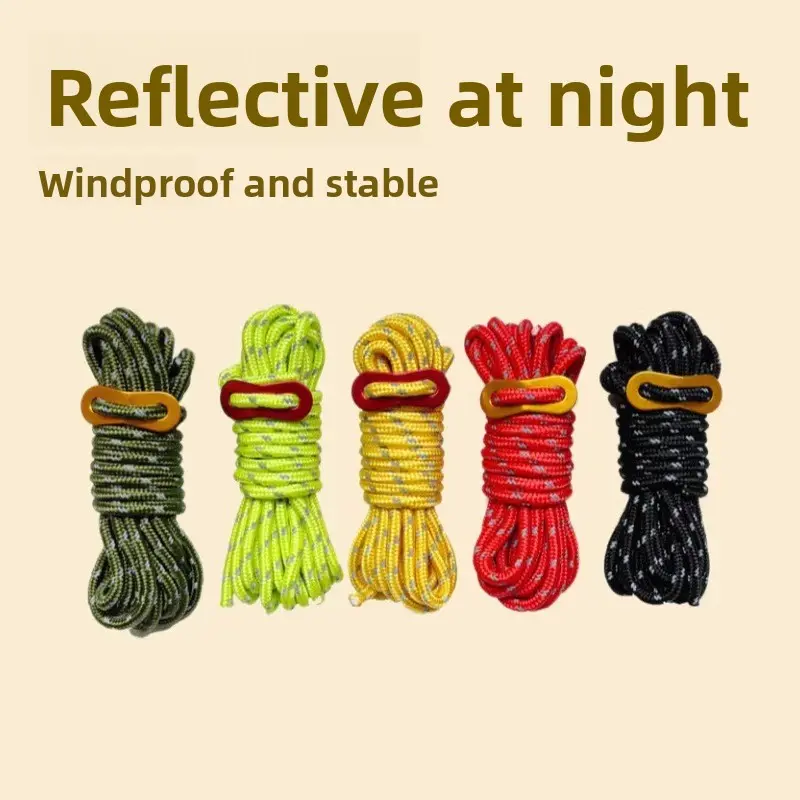 Outdoor camping 4 meters windproof rope adjustment rope PP polypropylene rope 4mm reflective rope tent rope canopy pull rope camp rope