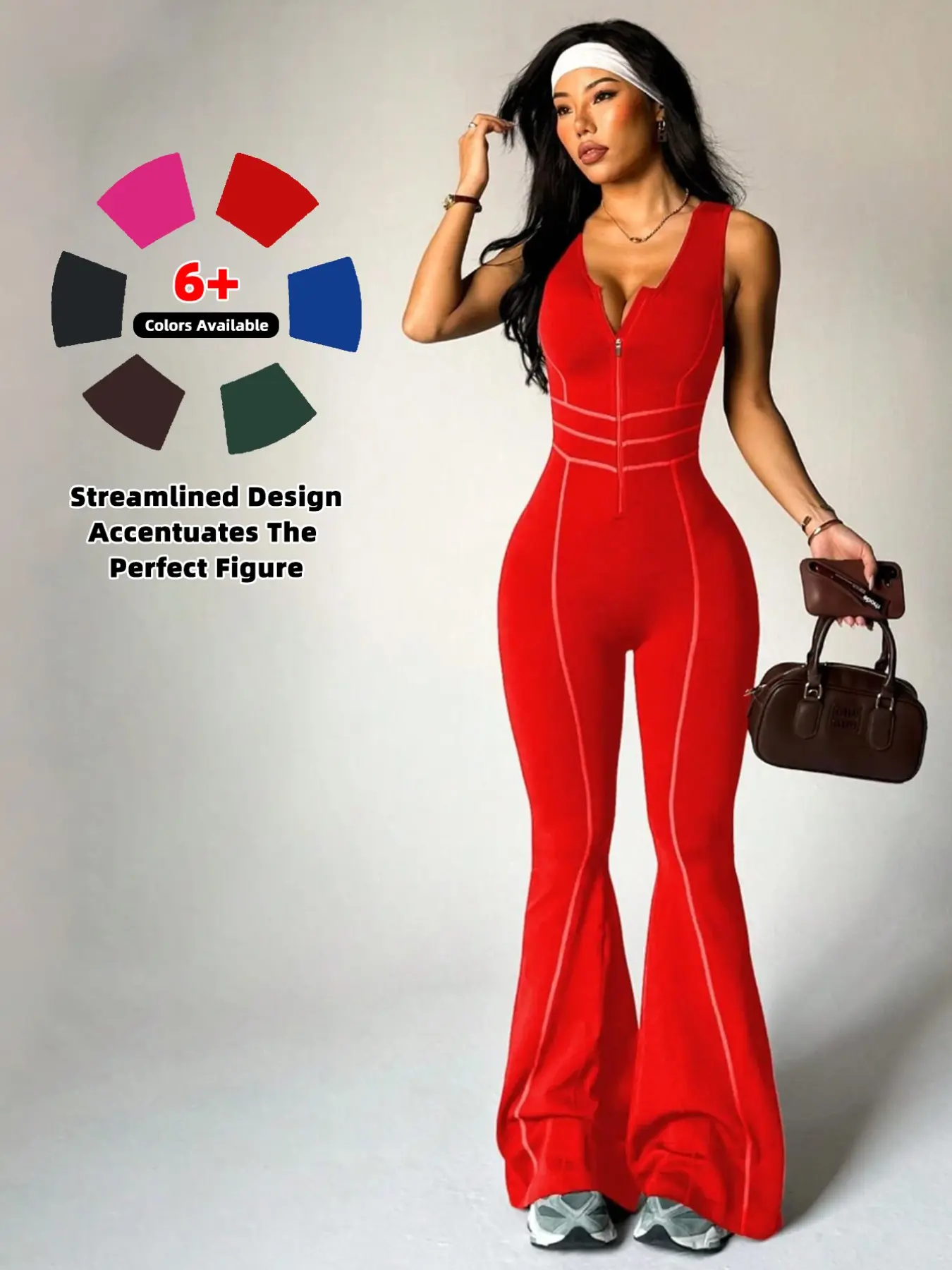 Women's Seamless Fashion Hollow Out Zipper Backless Sporty Micro Flare Sporty Chic Jumpsuit, High Elastic Waist Workout Long Pants, Fitness Activewear