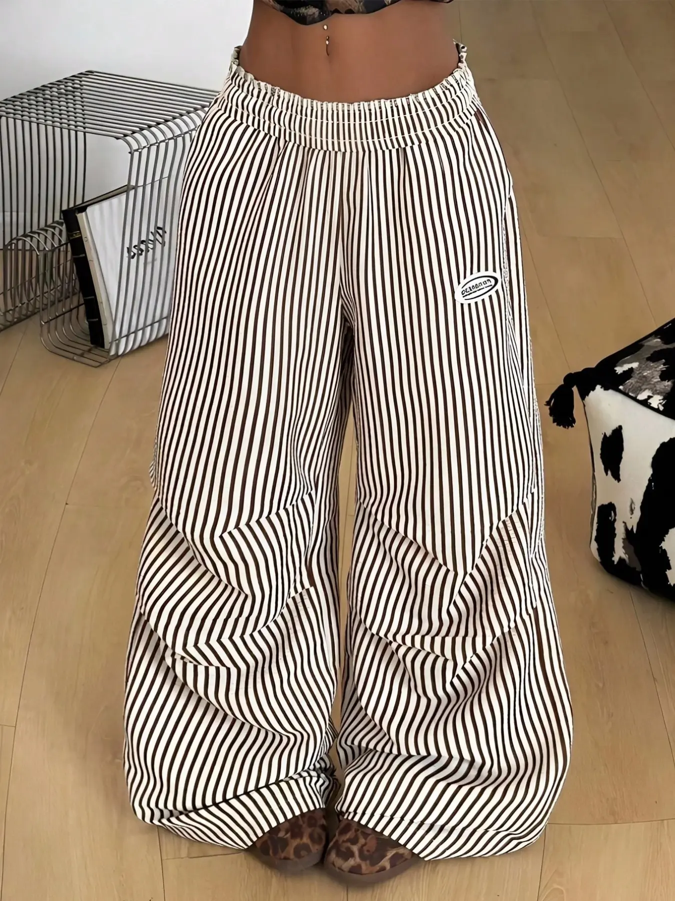Women's Plus Size Striped High Waist Full Elastic Waist Oversized Baggy Pants, Casual Elastic Waisted, Three-Dimensional Pleated Wide Leg Design, Casual Loose Fit Bottoms