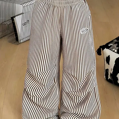 Women's Plus Size Striped High Waist Full Elastic Waist Oversized Baggy Pants, Casual Elastic Waisted, Three-Dimensional Pleated Wide Leg Design, Casual Loose Fit Bottoms
