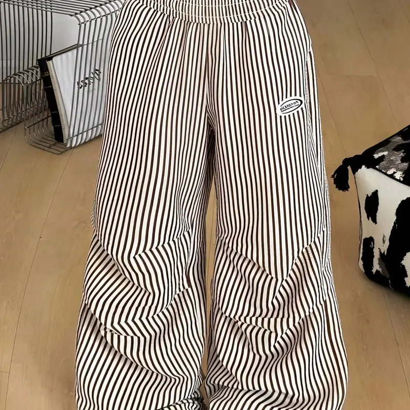 Women's Plus Size Striped High Waist Full Elastic Waist Oversized Baggy Pants, Casual Elastic Waisted, Three-Dimensional Pleated Wide Leg Design, Casual Loose Fit Bottoms