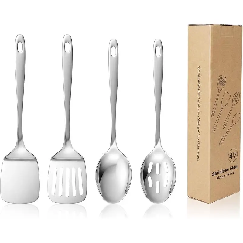 4-Piece Stainless Steel Cooking Utensils Set, Spatula and Spoon Set with Solid and Slotted Turners for Fish, Eggs, Pancakes, Stir-Frying and Serving