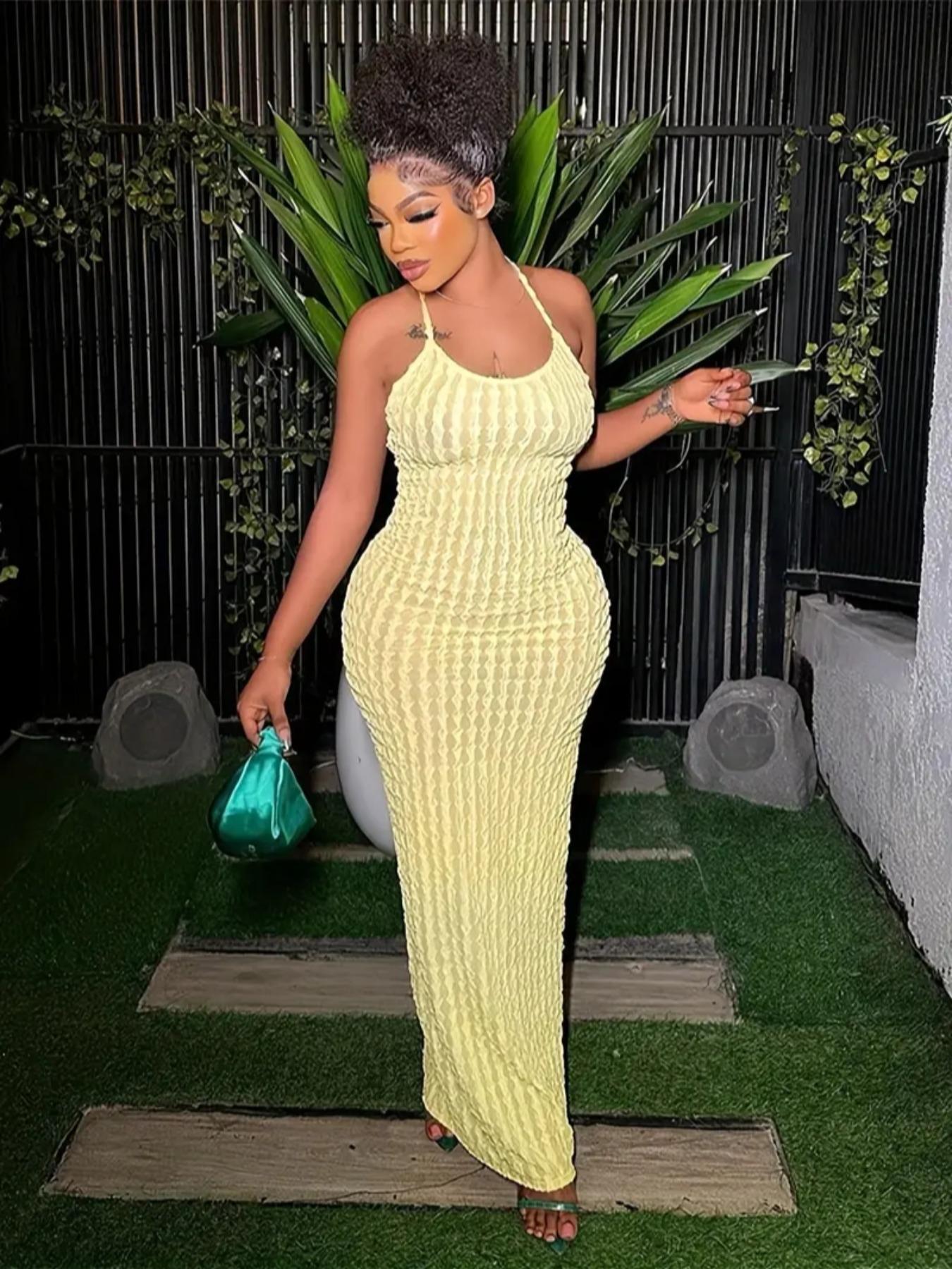 Women's Solid Criss Cross Backless Frill Trim Cami Dress, Bodycon Maxi Dress for Party Club Dating Wear, Dresses for Women, Summer Dresses, Womenswear