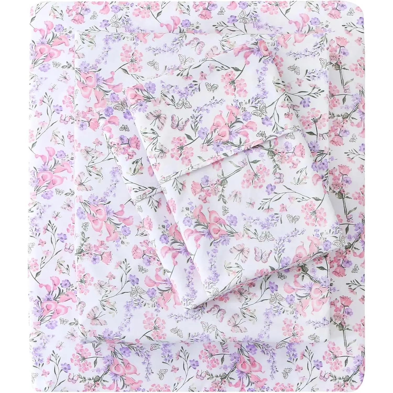 Cozy Vintage Microfiber Printed Full Sheet Set - Soft Breathable Floral Bed Sheets with Deep Pocket - Fitted Design - Pink Purple Flowers Pattern