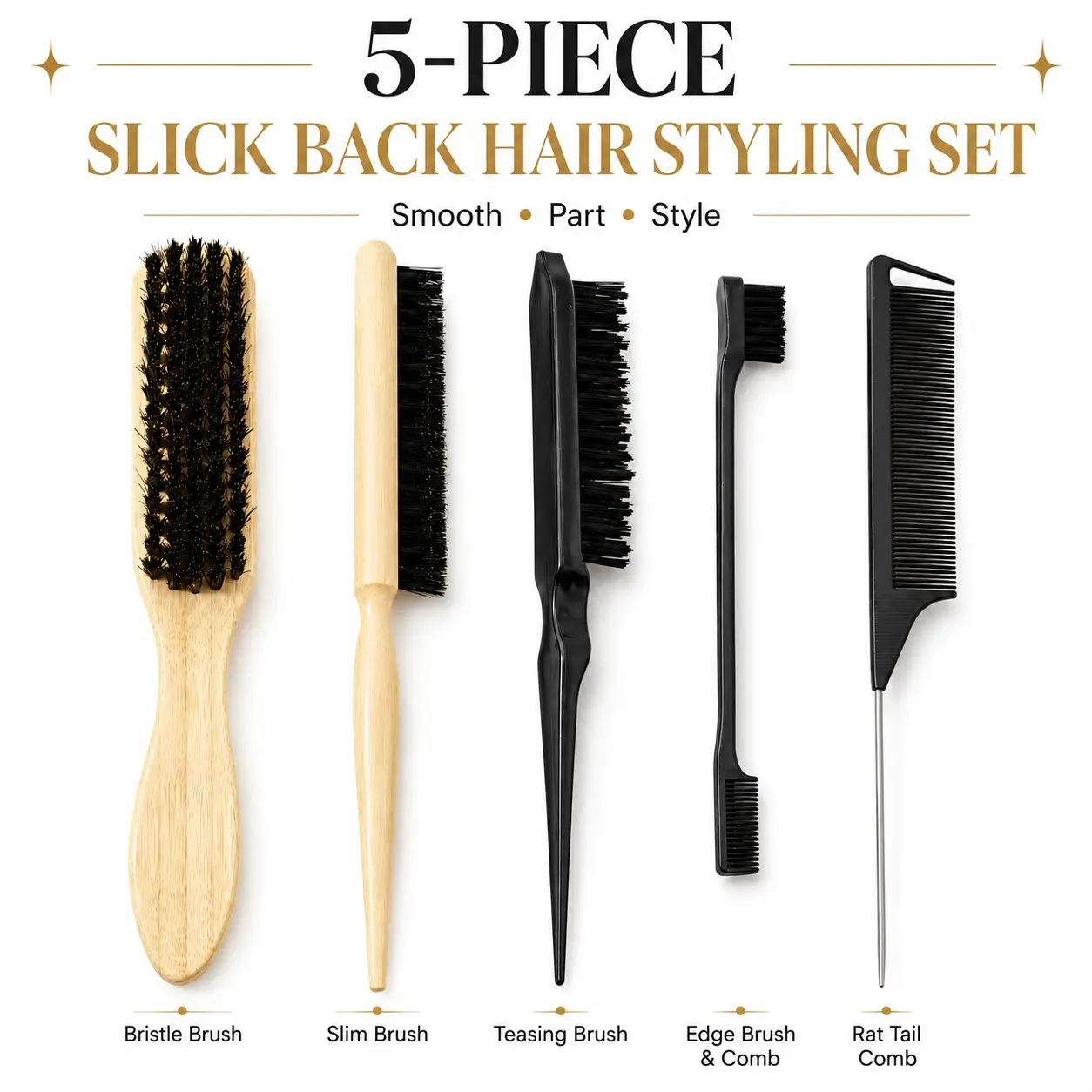 5-Piece Slick Back Hair Styling Set, Bristle Brush, Teasing Brush, Edge Brush & Rat Tail Comb for Sleek Buns, Ponytails, Baby Hair, Parting & Everyday Hair Styling
