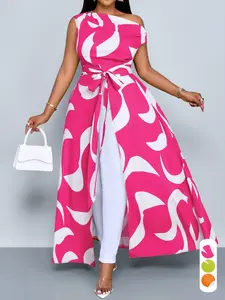 Summer Elegant Casual Women's Geometric Print Plus Size Dress, Long Sleeve V-Neck Tie Waist Split Shirt Dress, Fashionable Summer Wear