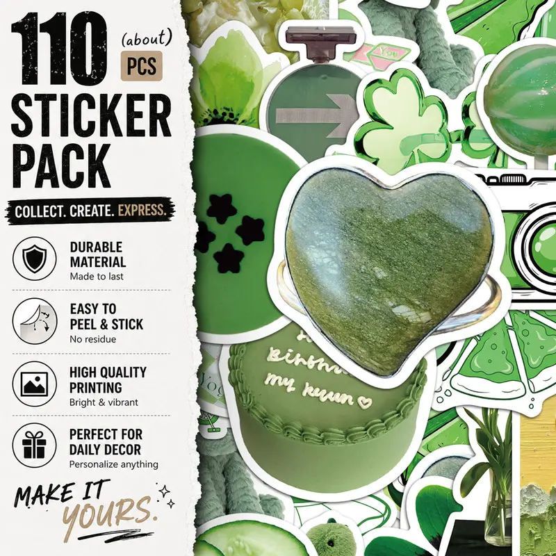 110PCS Green Items Aesthetic Vinyl Stickers Pack for Laptop Water Bottle Phone Case Skateboard Journal Scrapbook DIY Decoration