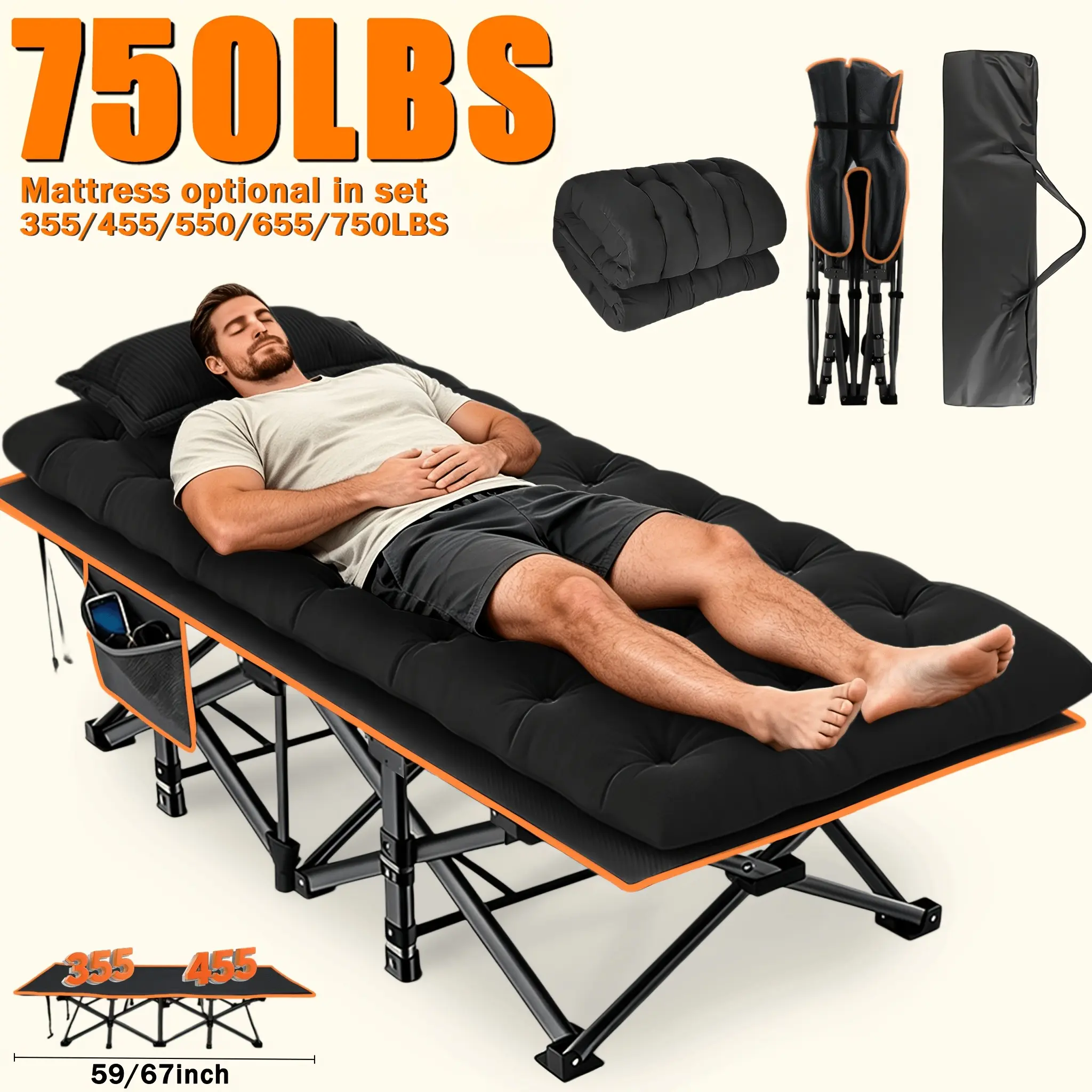 67/75-inch Extra-large Thickened Folding Bed with Mattress Camping Bed, Portable Bed, Guest Bed, with A Weight Capacity Of 750/655/550/455/355 Lbs, Foldable Guest Bed/Camping Cot - Suitable for Adults, Travel
