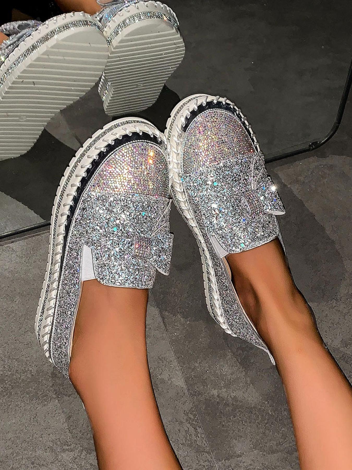 Women's Fashionable Contrast Sequin Bowknot Design Slip on Style Loafers, Elegant Comfort Flat Shoes for Daily Wear, Lightweight Breathable Shoes for Women & Girls