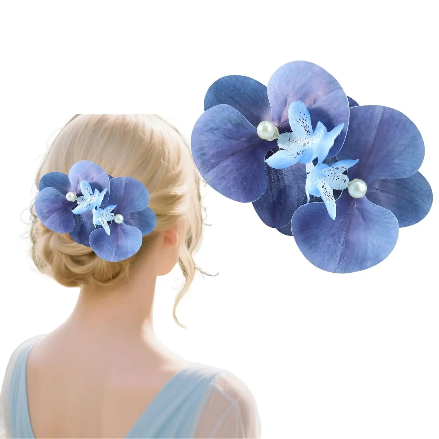 Artificial Phalaenopsis Orchid Hair Clip, Hawaiian Flower Barrette Multicolored, 5.11 x 3.54 inches, Beach Wedding Hair Accessories Bohemian Butterfly Orchid Floral Headwear for Women (Blue)