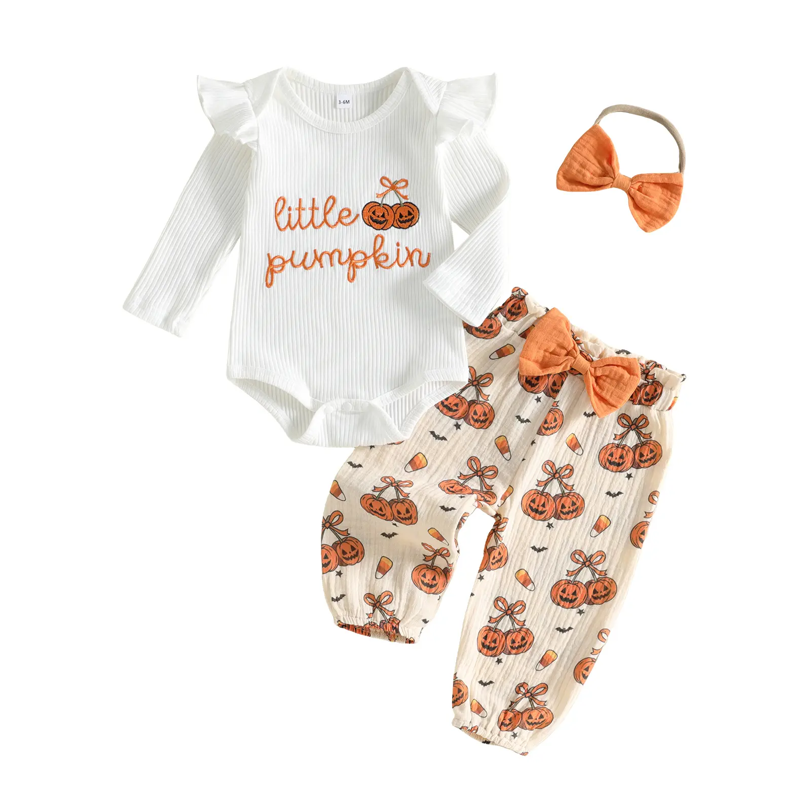 Infant Baby Girls Halloween Outfit Letters Romper with Pumpkin Pants Headband Set Fall Winter 0-18 Months