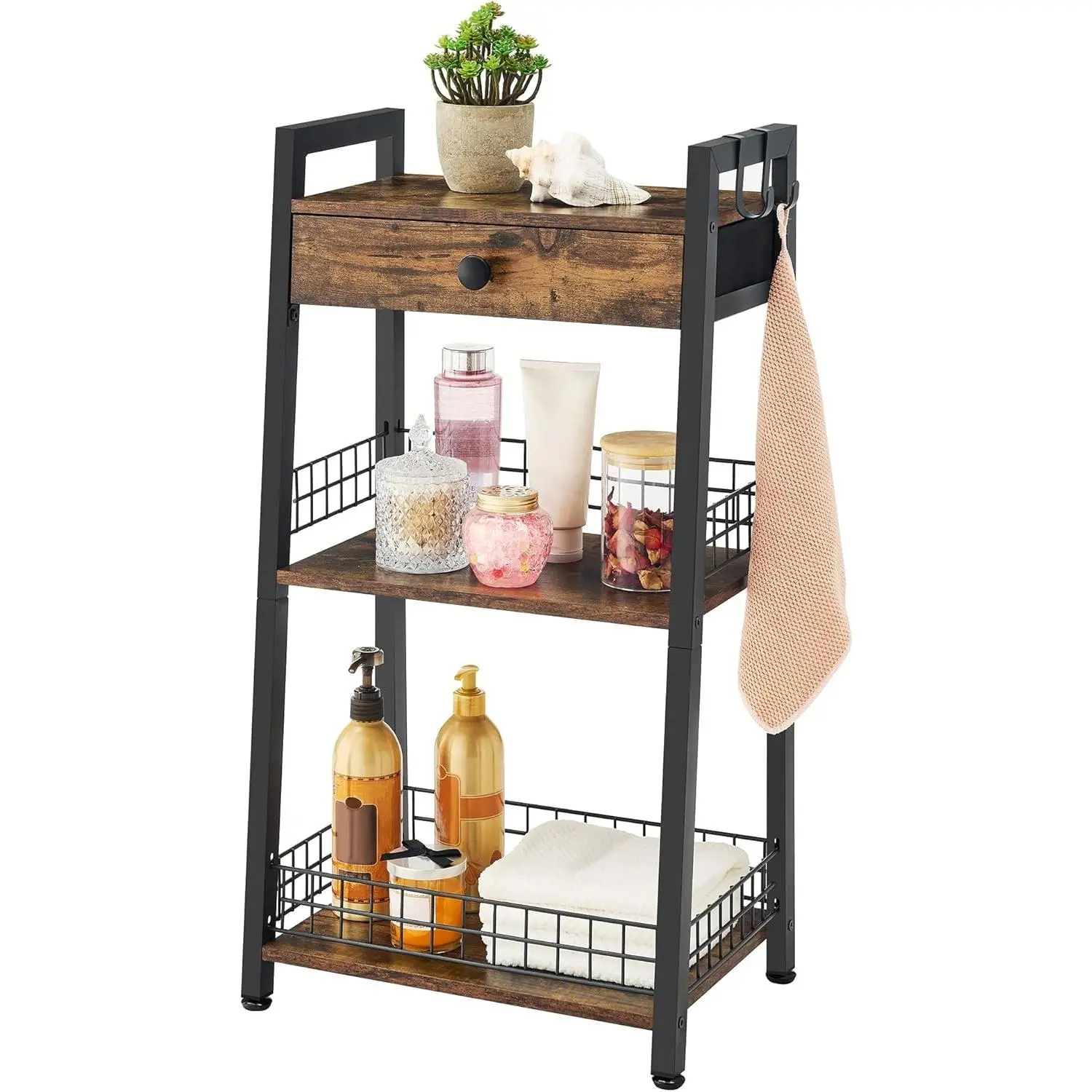 3-Tier Bathroom Ladder Shelf with Storage Drawer Rustic Brown Stand Organizer for Small Spaces Suitable for Living Room Bedroom Kitchen Bathroom Storage