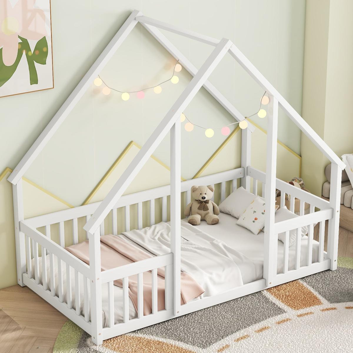 No mattress included.，Twin Wood House-Shaped Floor Bed with Fence, Guardrails ,Twin Size House Bed. Montessori Floor Bed Frame with Safety Guardrails & Playhouse Roof Easy Assembly Toddler Bed for Boys and Girls.