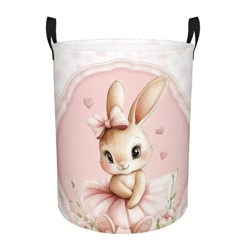 1pc, Pink Ballet Rabbit Laundry Basket with Floral & Heart Design - Foldable Polyester Storage Hamper with Handles, Large Capacity Round Organizer for Bedroom, Dorm, Laundry Room - Cute Home Decor & Multi-Purpose Storage Bin, Laundry Baskets