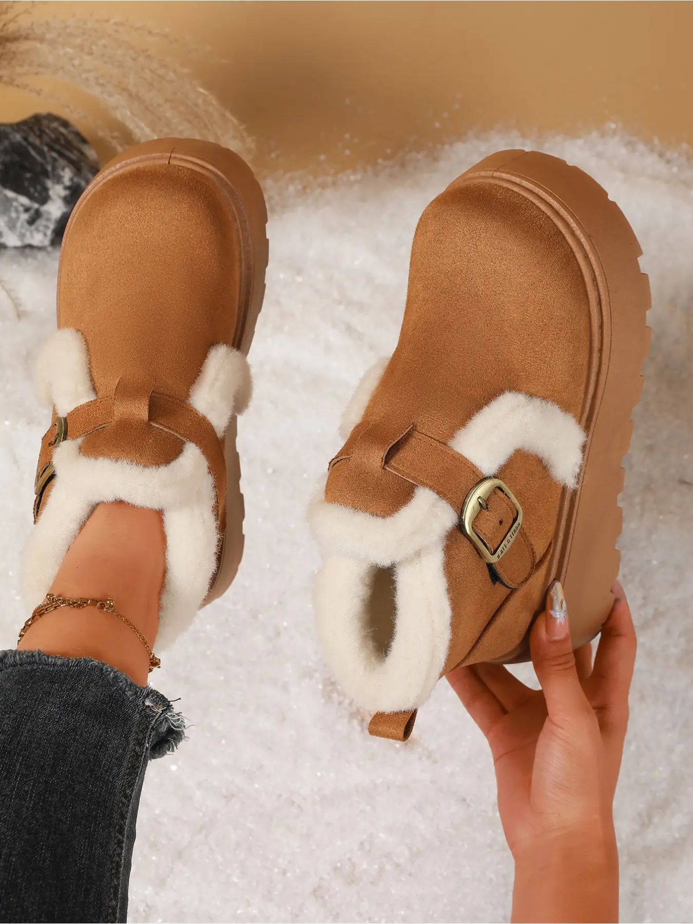 Women's Fleece Lined Platform Snow Boots New Winter Metal Buckle Fluffy Ankle Boots Retro Heightening Warm Cotton Shoes
