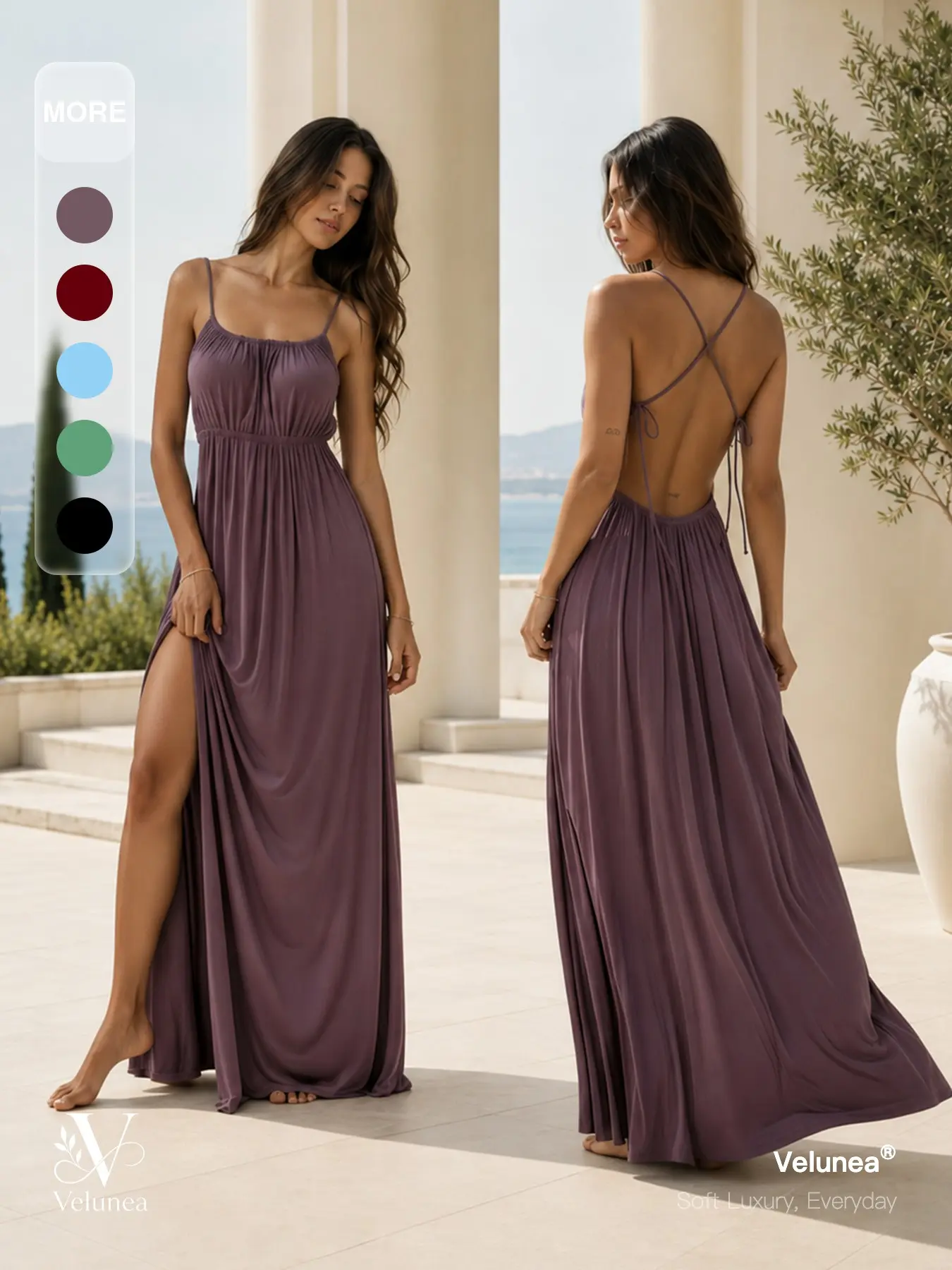 Velunea Women’s Backless Maxi Dress, Spaghetti Strap Ruched Long Dress, Elegant Flowing Summer Dress for Vacation, Date Night and Feminine Chic Style