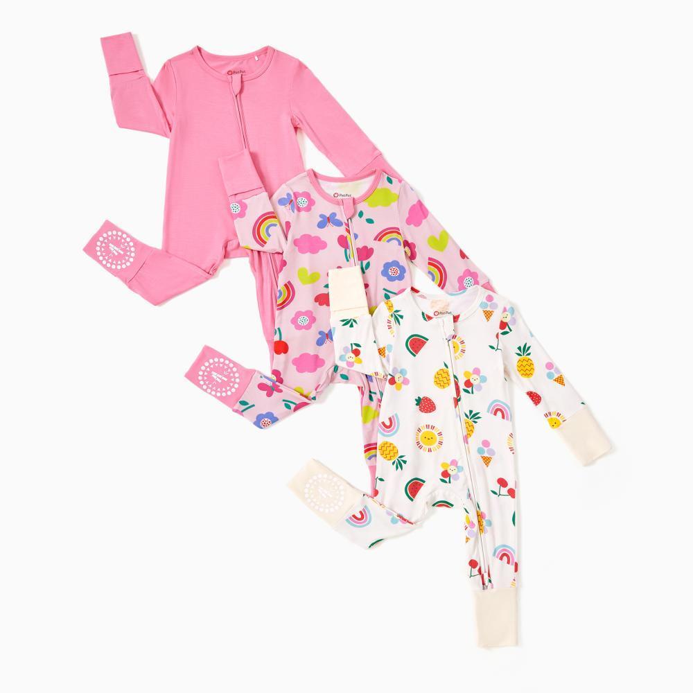PatPat Bamboo Baby Boy / Girl 3-Pack&2-Pack Solid&Rainbow Printed 2-Way Zip Romper Anti Slip Long-sleeve Footie