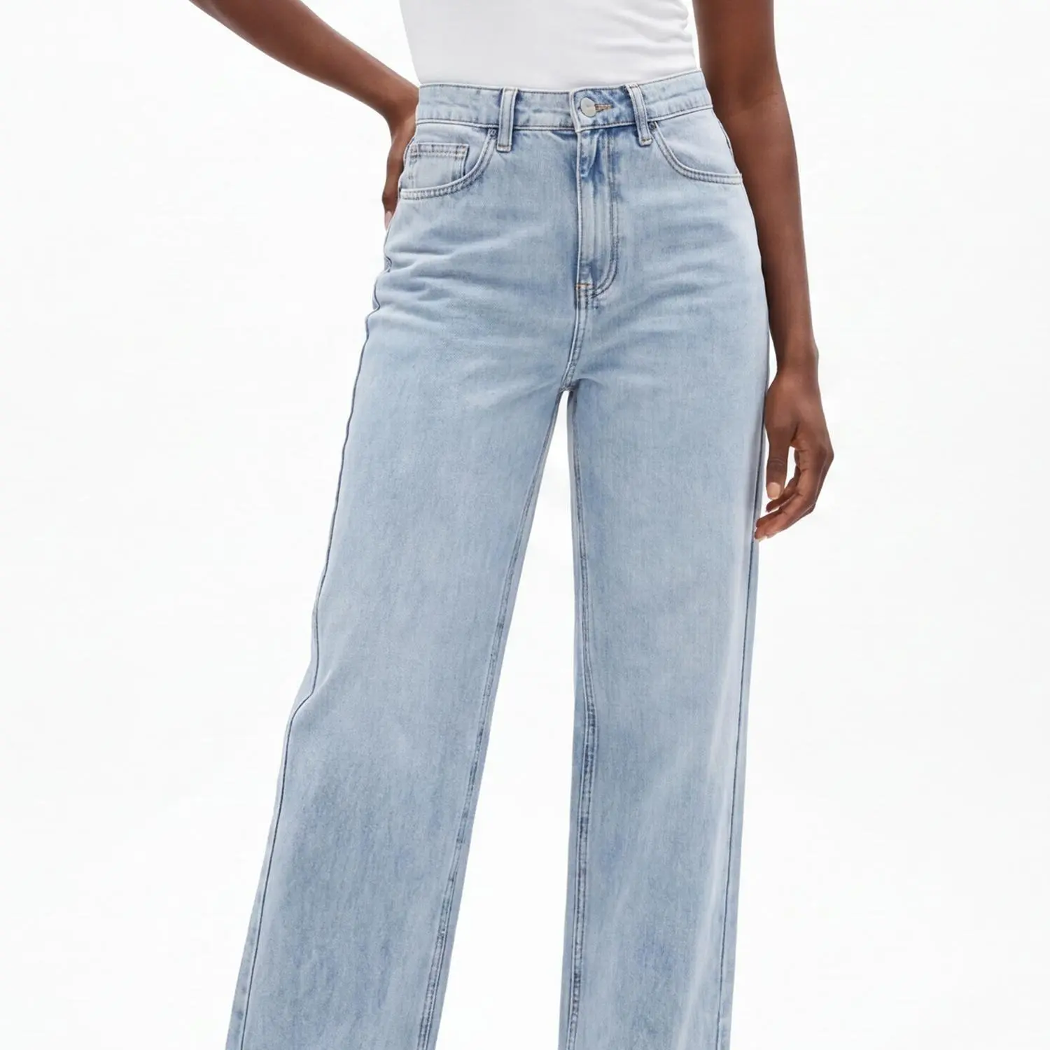 Men's High-Waist Stretch Cotton Flat-Bottom Wide-Leg Jeans, Lady's Light Blue Loose Casual Fitness Denim Trousers, Simple, Imitation
