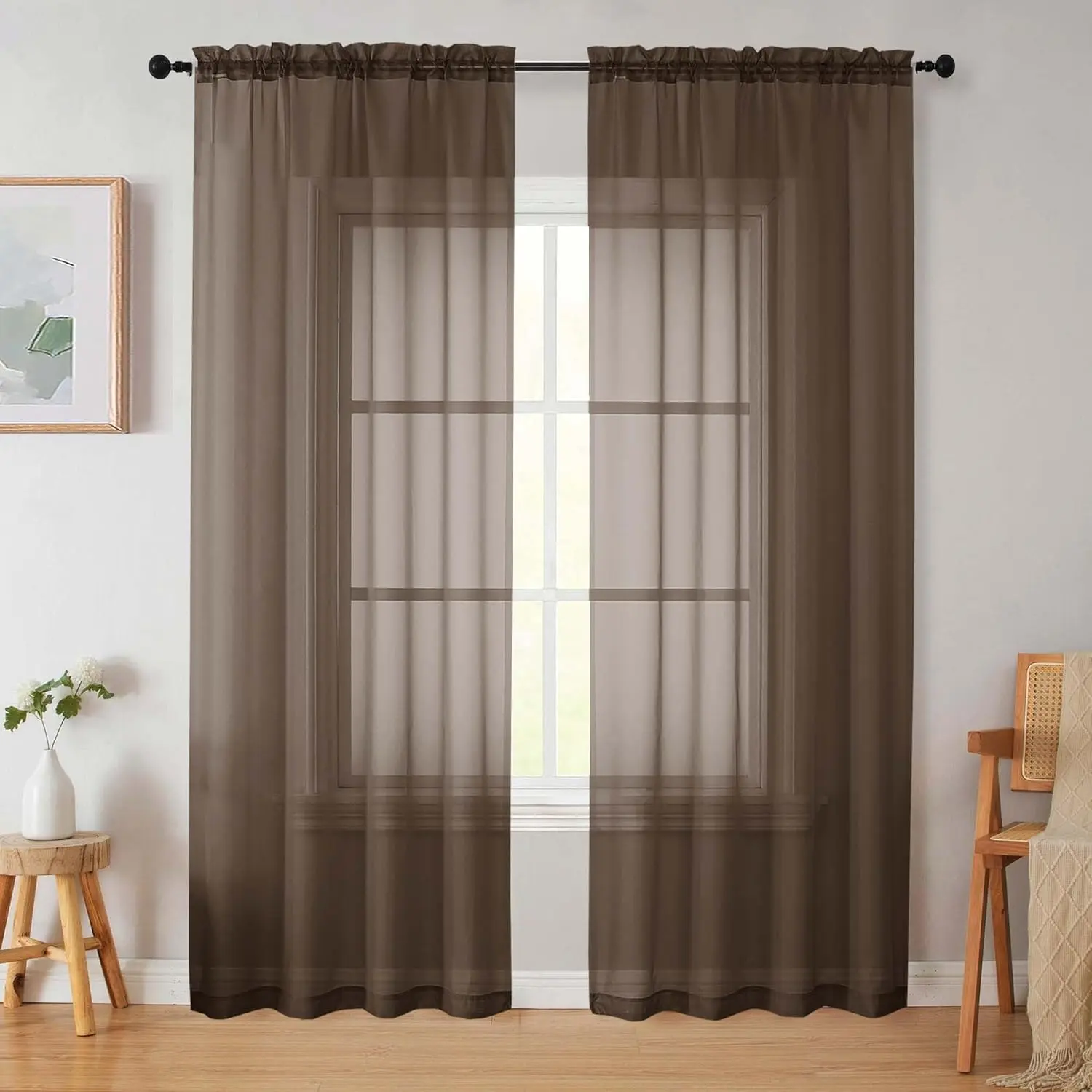 Sheer Curtains 84 Inches Long 2 Panels, Soft Light Filtering Curtains for Bedroom Living Room, Modern Rod Pocket Privacy Drapes Window Treatments, Chocolate, Total Wide 84 Inch