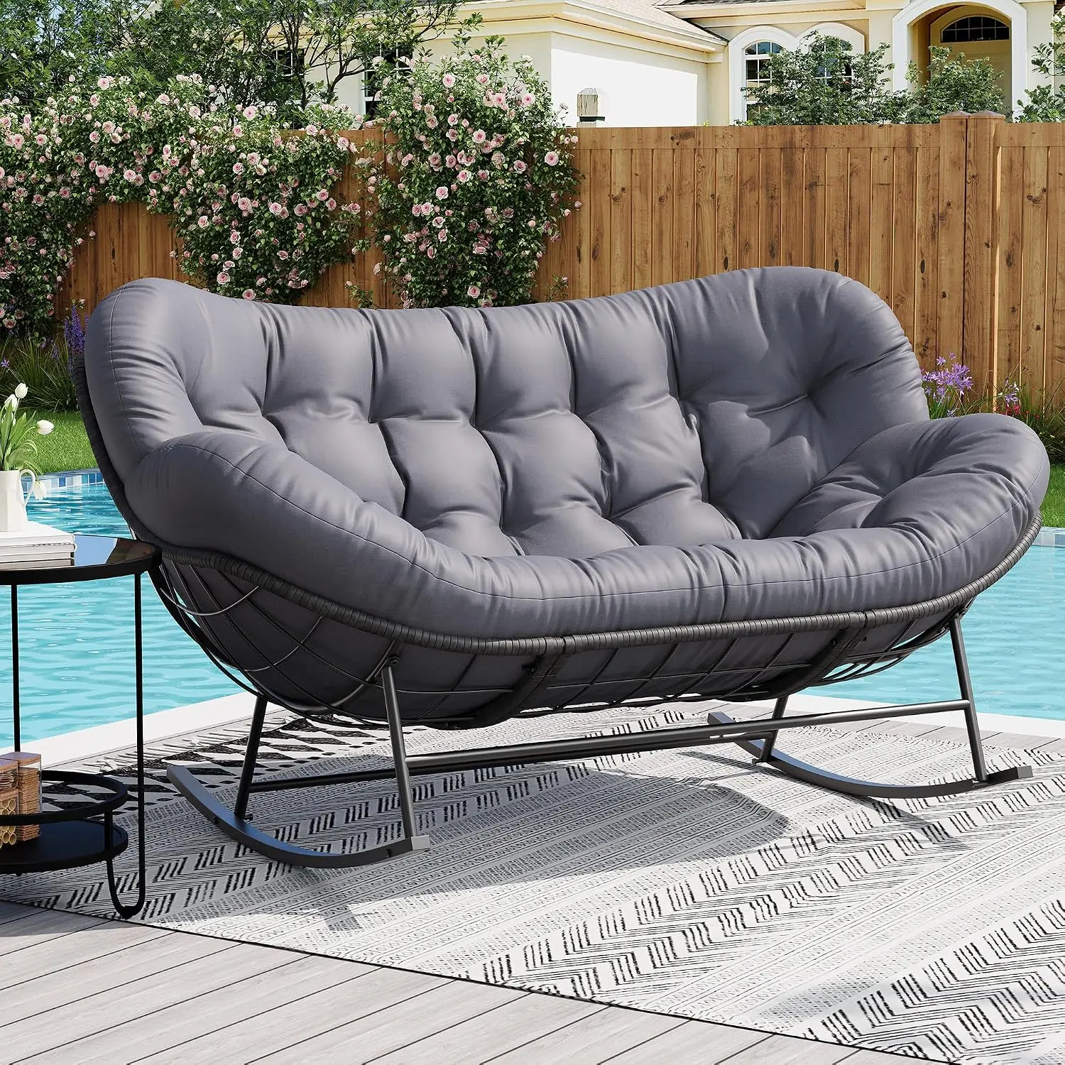 Outdoor Rocking Chair, Double Papasan Chair with Cushion | Patio Loveseat w/ 800 LBS Capacity Metal Frame, Comfortable Rocking Chair for Outdoor Seating