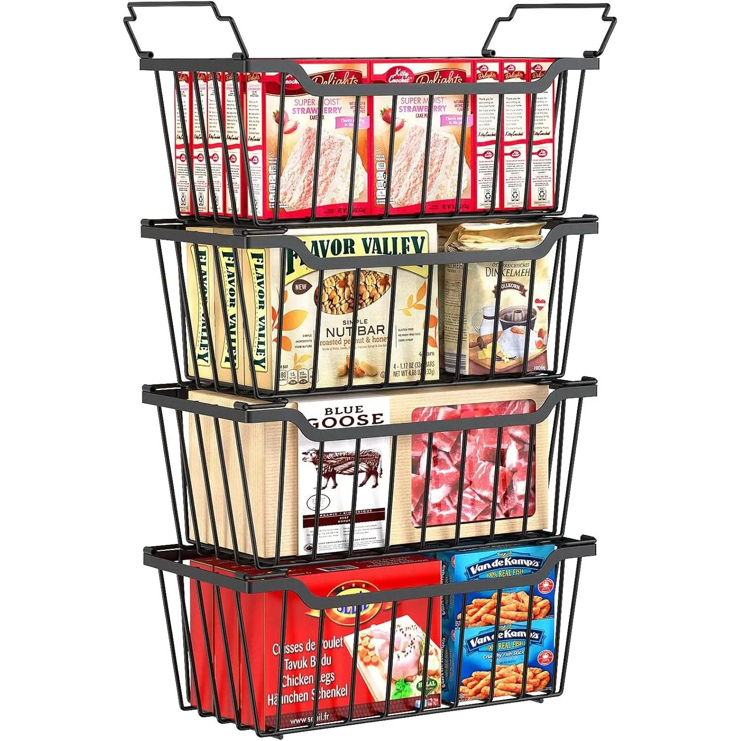 Freezer Organizer Bins, 4 Pack Stackable Chest Freezer Organizer for 5-7 Cu.FT Deep Freezer Sort Frozen Meats and Food, Freezer Storage Baskets with Handles Easy Reach from Bottom, Black