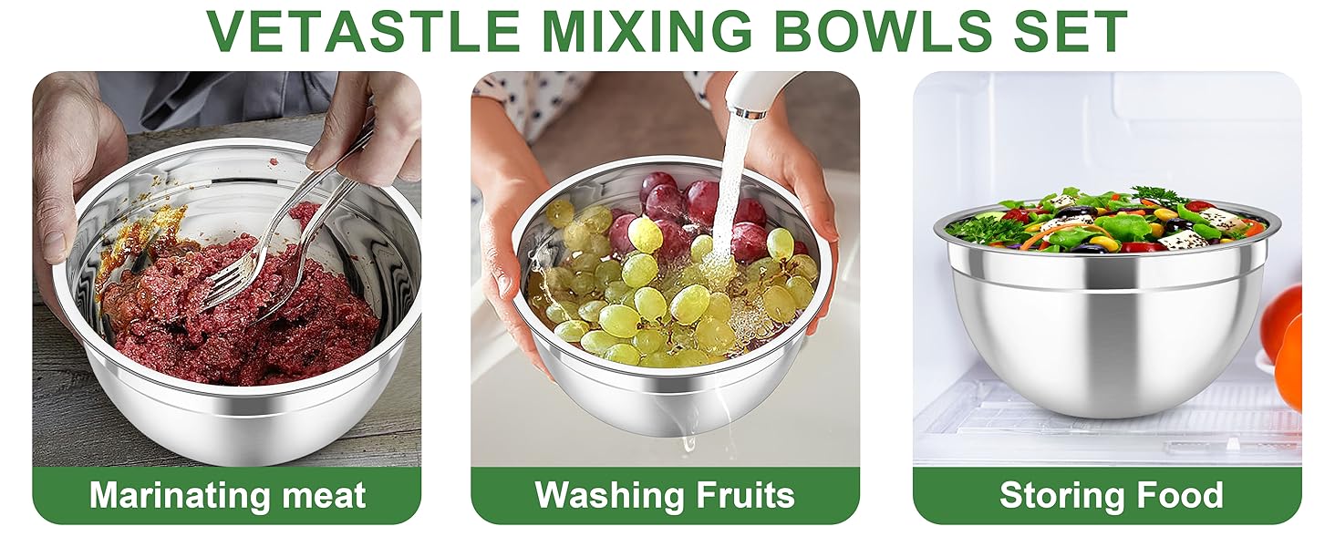 Mixing Bowls with Airtight Lids, 5PCS Stainless Steel Metal Salad Bowl with 3 Grater Attachments, for Cooking, Prepping, Serving, Healthy & Easy Clean - 0.7/1/1.5/2.6/4.6QT, Khaki