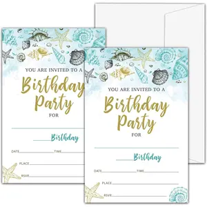 Beach & Ocean Birthday Party Invitations for Boys Girls, Fill In Invitation Cards, Summer Birthday Party Favor Supplies (20 Invites With 20 Envelopes) -A02