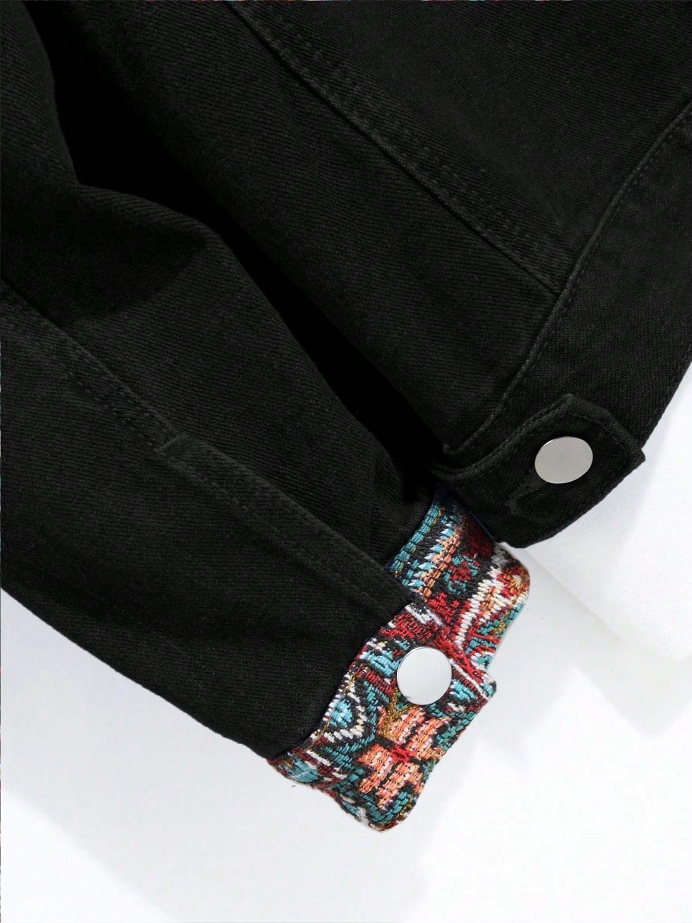 Men's Ethnic Pattern Embroidery Denim Jacket, Loose Casual Long Sleeve Button Front Outerwear for Spring & Fall, Fashion Men's Clothes for Daily Wear