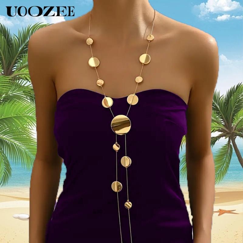 Golden Disc Y-Shaped Necklace Exaggerated Style Charm Temperament Niche Party Body Chain Maximalist Jewelry